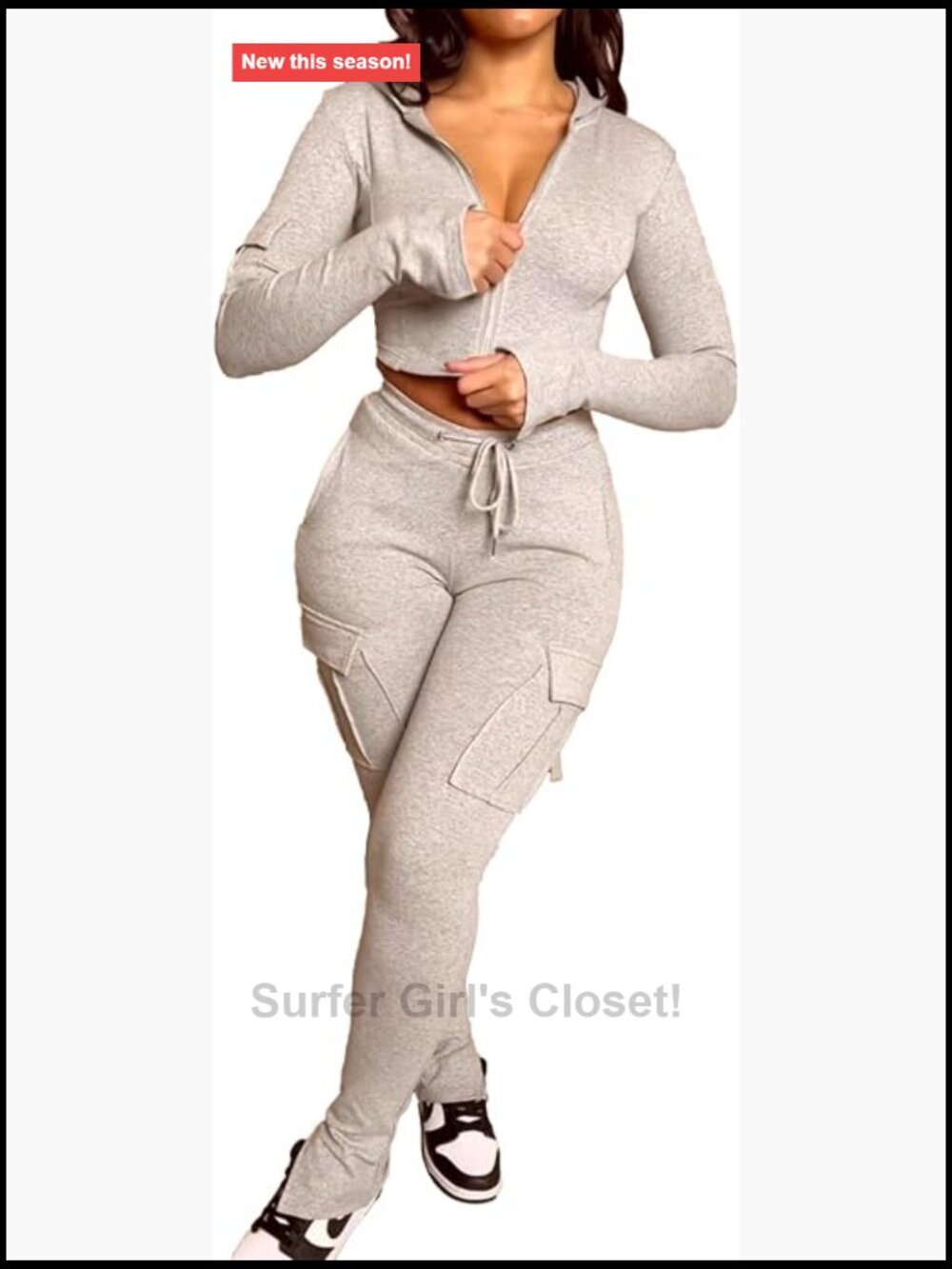 2 Piece Sweatsuit Long Sleeve Cropped Hoodie Jogging Cargo Sweatpant Set
